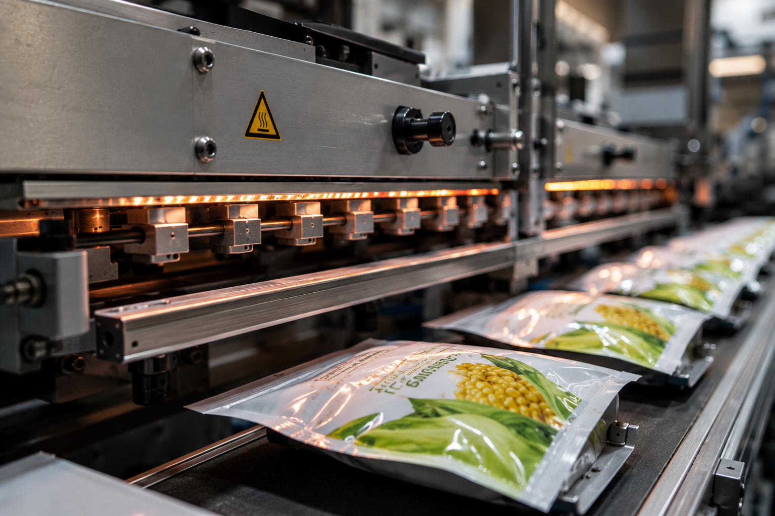 Sweetcorn being packaged and heat sealed on a production line