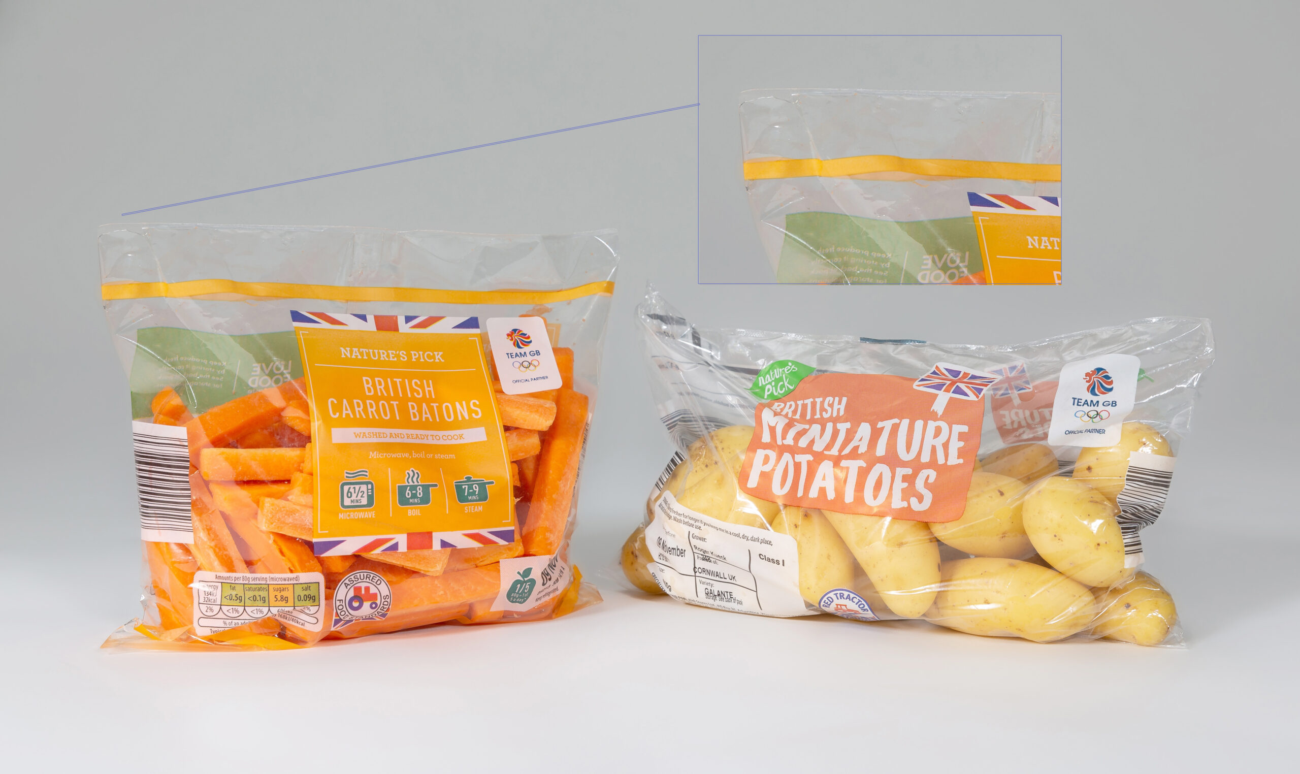 Food packaging showing narrower seal using QPH